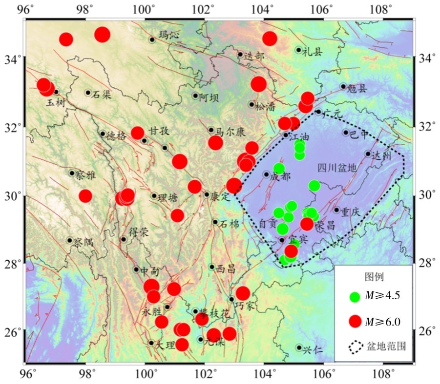 图1 四川盆地M≥4.5地震（绿色）、四川及邻区M≥6.0地震（红色）空间分布（1980年1月1日—2021年12月31日） Fig.1 The spatial distribution of earthquakes with M≥4.5 in Sichuan basin（green circle）and earthquakes with M≥6.0 in Sichuan and its adjacent area（red circle）from January 1st，1980 to December 31st，2021