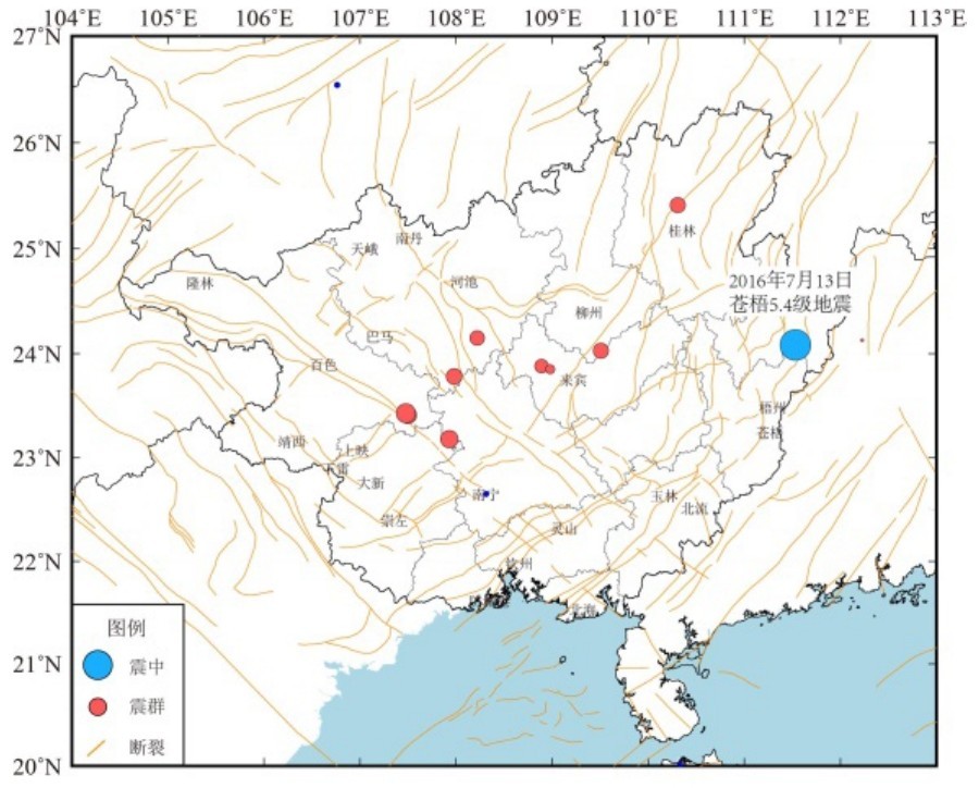 图2 2014年8月至2016年7月震群分布图Fig.2 Earthquake swarm distribution from August 2014 to July 2016