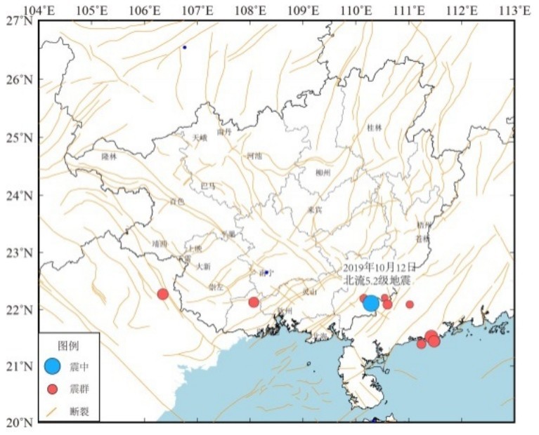 图3 2018年8月至2019年10月震群分布图Fig.3 Earthquake swarm distribution from August 2018 to October 2019