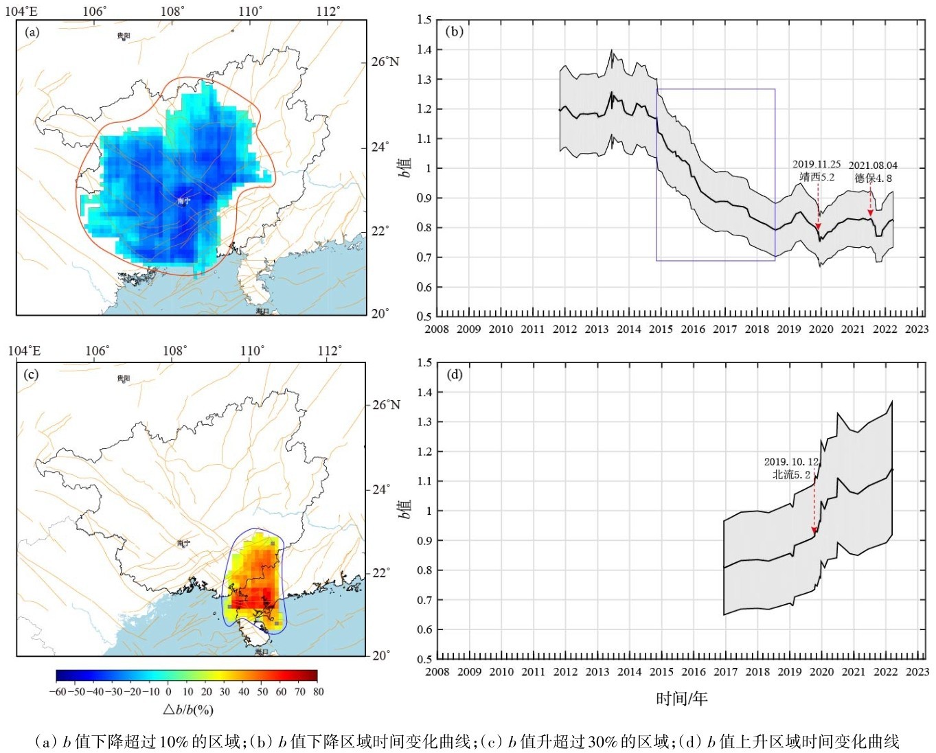 图4 2008-01—2022-03广西及邻区b值空间分布和时间变化情况Fig.4 Spatial distribution and temporal variation of bvalue in Guangxi and its adjacent areas from January 2008 to March 2022